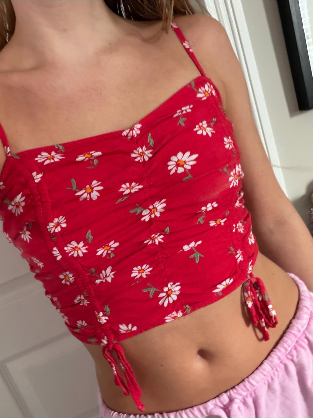 Hollister Red Floral Ruched Spaghetti-Strap Crop